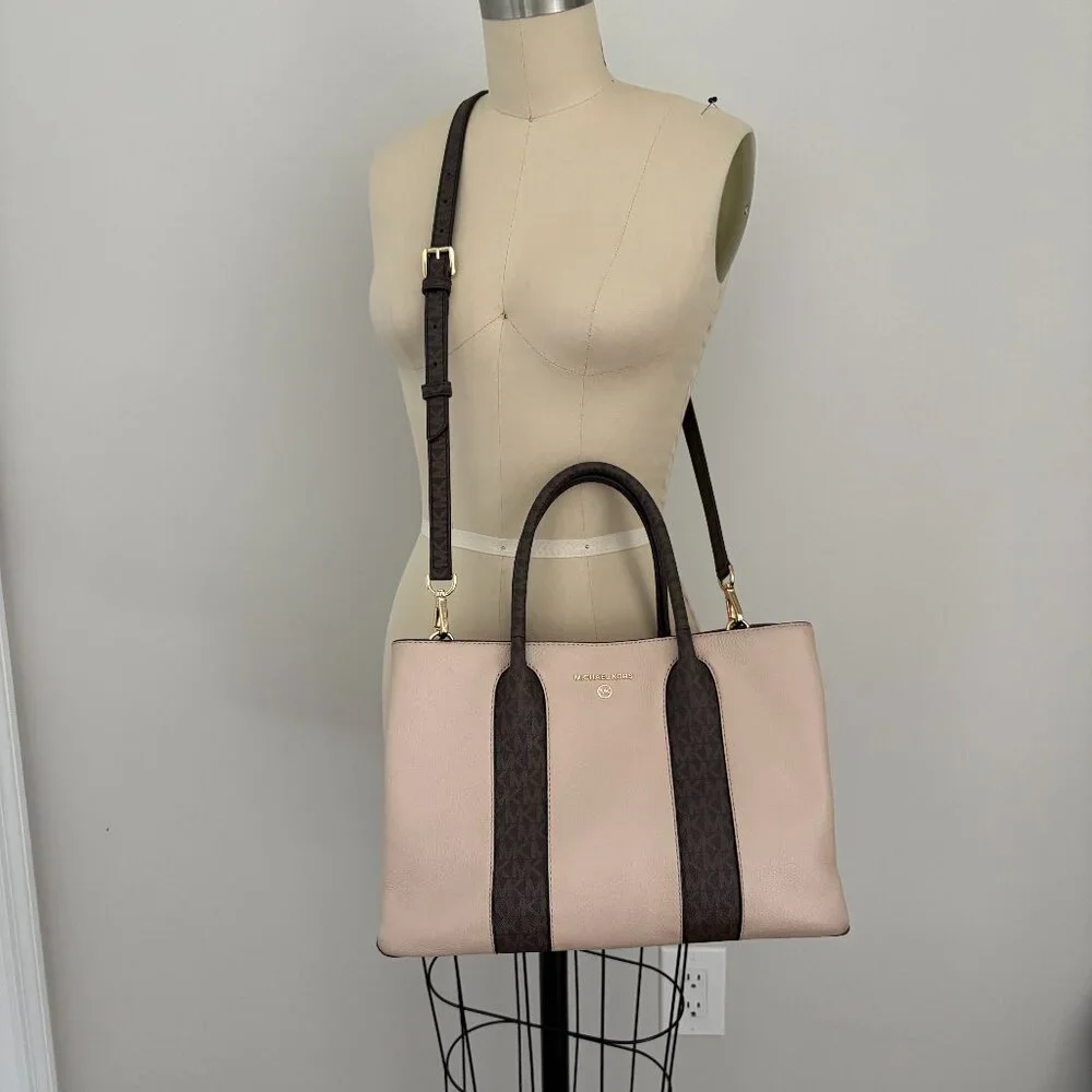 Michael Kors Austin Large Satchel Soft Pink & Brown Logo Trim Modern Heritage
